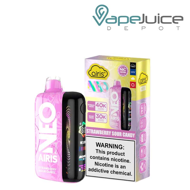 A Strawberry Sour Candy Airis Neo P40000 Disposable with Full HD screen and a box with a warning sign next to it - Vape Juice Depot