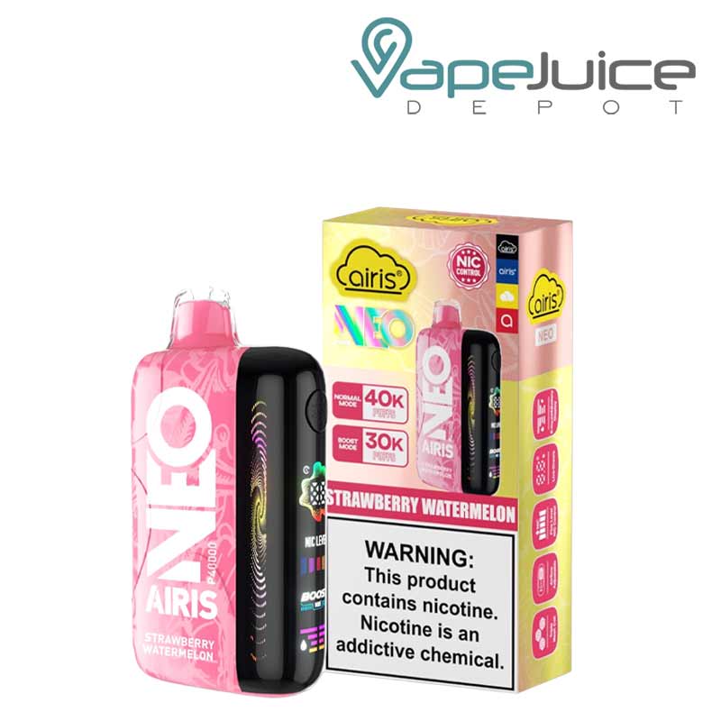 A Strawberry Watermelon Airis Neo P40000 Disposable with Full HD screen and a box with a warning sign next to it - Vape Juice Depot