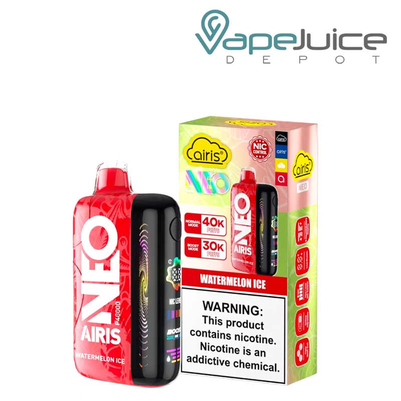 A Watermelon Ice Airis Neo P40000 Disposable with Full HD screen and a box with a warning sign next to it - Vape Juice Depot