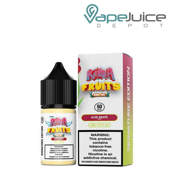 A 30ml bottle of Aloe Grape On Ice Killa Fruits Signature TFN Salt and a box with a warning sign next to it - Vape Juice Depot
