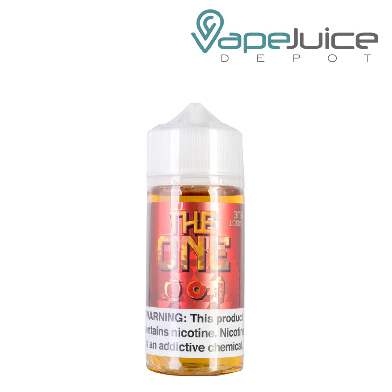 A 100ml bottle of Apple Cinnamon Donut The One eLiquid with a warning sign - Vape Juice Depot