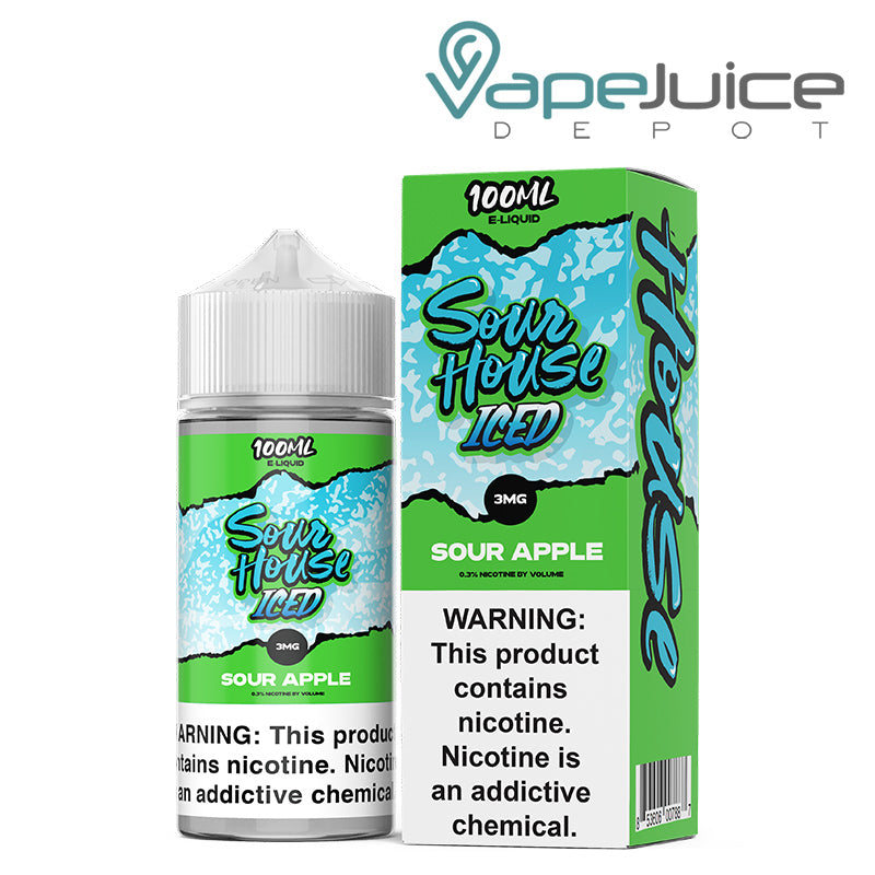 A 100ml bottle of Apple Iced Sour House eLiquid with a warning sign and a box next to it - Vape Juice Depot
