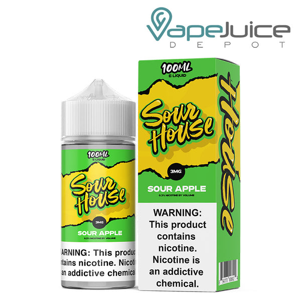 A 100ml bottle of Apple Sour House eLiquid with a warning sign and a box next to it - Vape Juice Depot