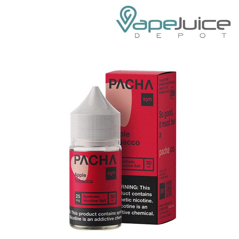 A 30ml bottle of Apple Tobacco PachaMama Salts and a box with a warning sign next to it - Vape Juice Depot