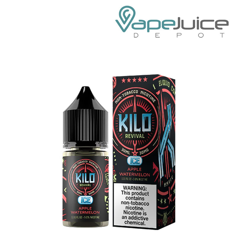A 30ml bottle of Apple Watermelon Ice Kilo Revival TFN Salt and a box with a warning sign next to it - Vape Juice Depot