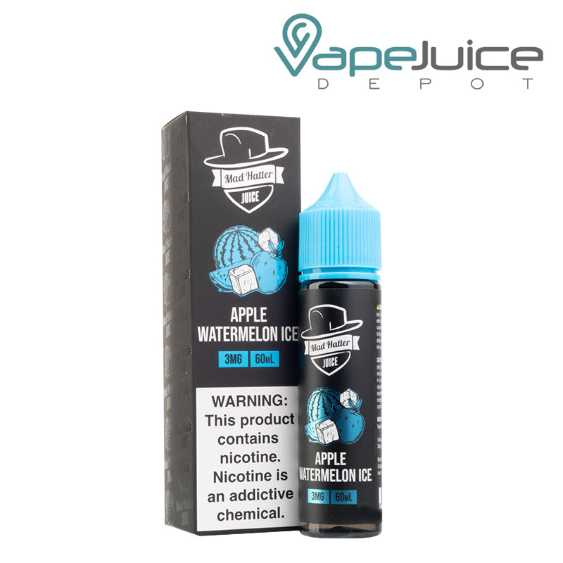 A box of Apple Watermelon Ice Mad Hatter with a warning sign and a 60ml bottle next to it - Vape Juice Depot