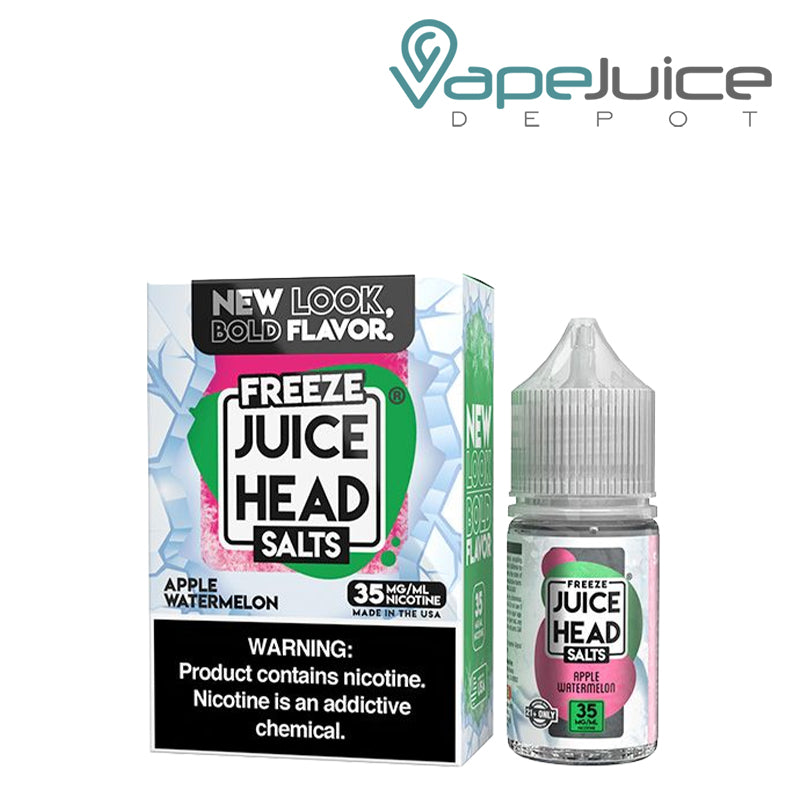 A Box of Apple Watermelon Salts Juice Head Freeze with a warning sign and a 30ml bottle next to it - Vape Juice Depot