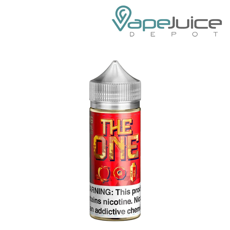 A 100ml bottle of Apple Cinnamon Donut The One eLiquid with a warning sign - Vape Juice Depot