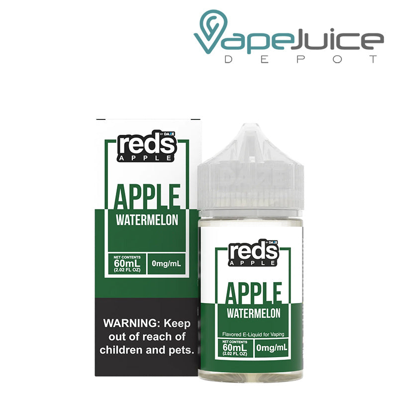 A box of Watermelon REDS Apple eJuice with a warning sign and a 60ml bottle next to it - Vape Juice Depot