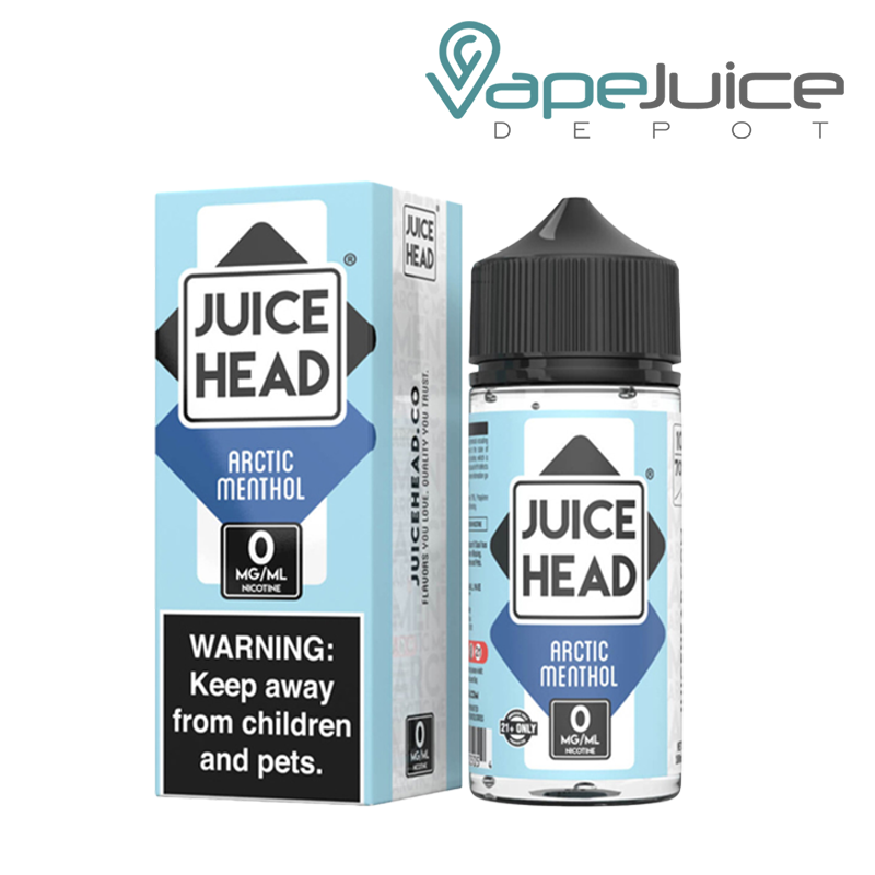 A box of Arctic Menthol Juice Head eLiquid with a warning sign and a 100ml bottle next to it - Vape Juice Depot