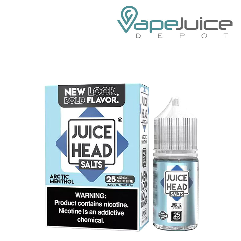 A box of Arctic Menthol Juice Head salt with a warning sign and a 30ml bottle next to it - Vape Juice Depot