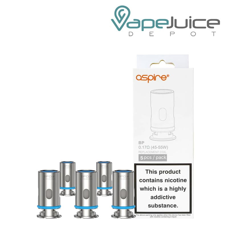 Five Coils of Aspire BP Replacement Coils and a box with a warning sign next to it - Vape Juice Depot