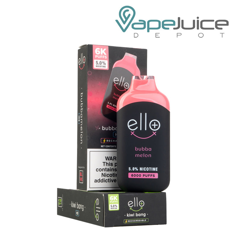 A box of BLVK Ello Plus 6000 Disposable with a warning sign and a disposable in front of it - Vape Juice Depot