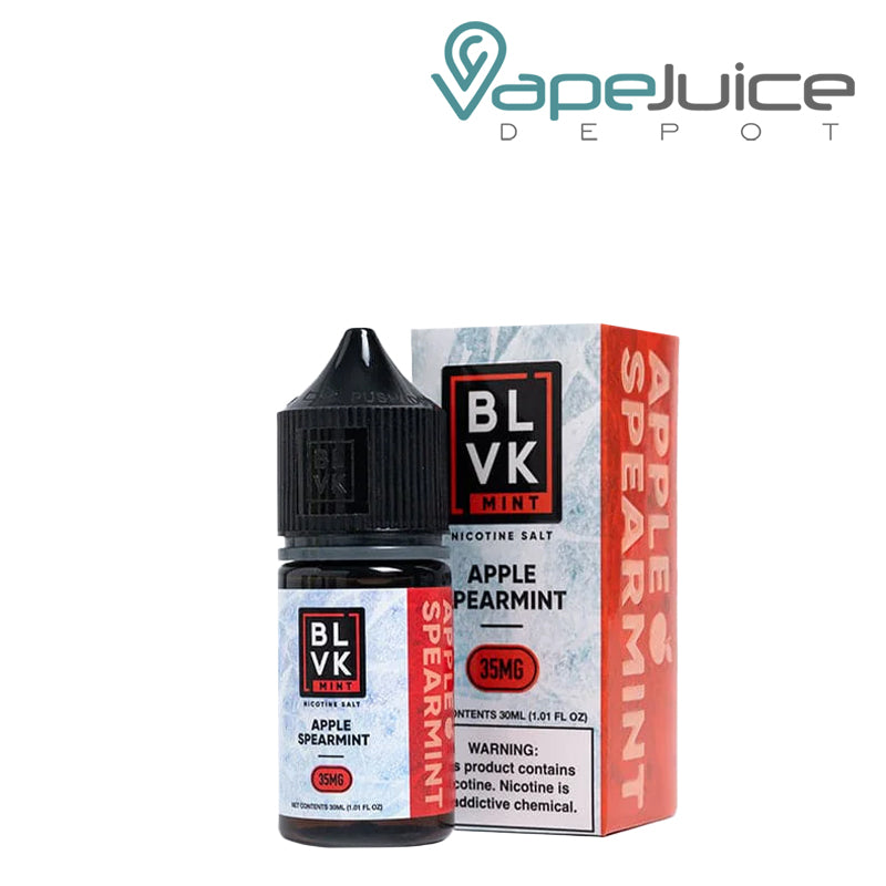 A 30ml bottle of Apple Spearmint Salt BLVK Mint and a box with a warning sign next to it - Vape Juice Depot
