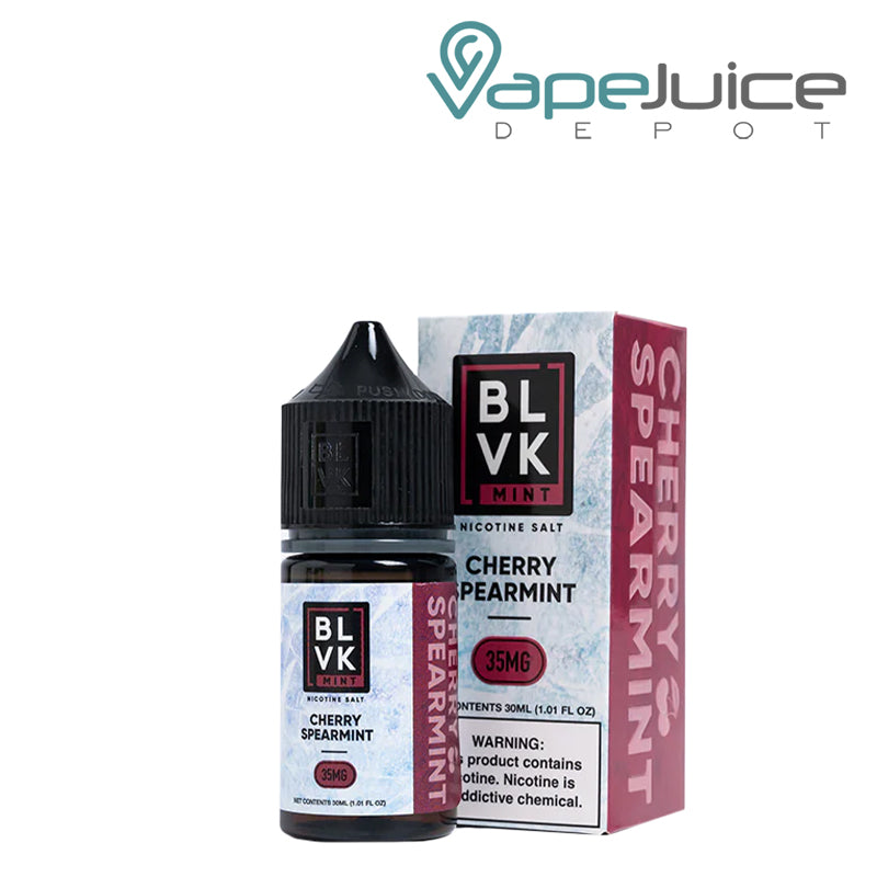 A 30ml bottle of Cherry Spearmint Salt BLVK Mint and a box with a warning sign next to it - Vape Juice Depot