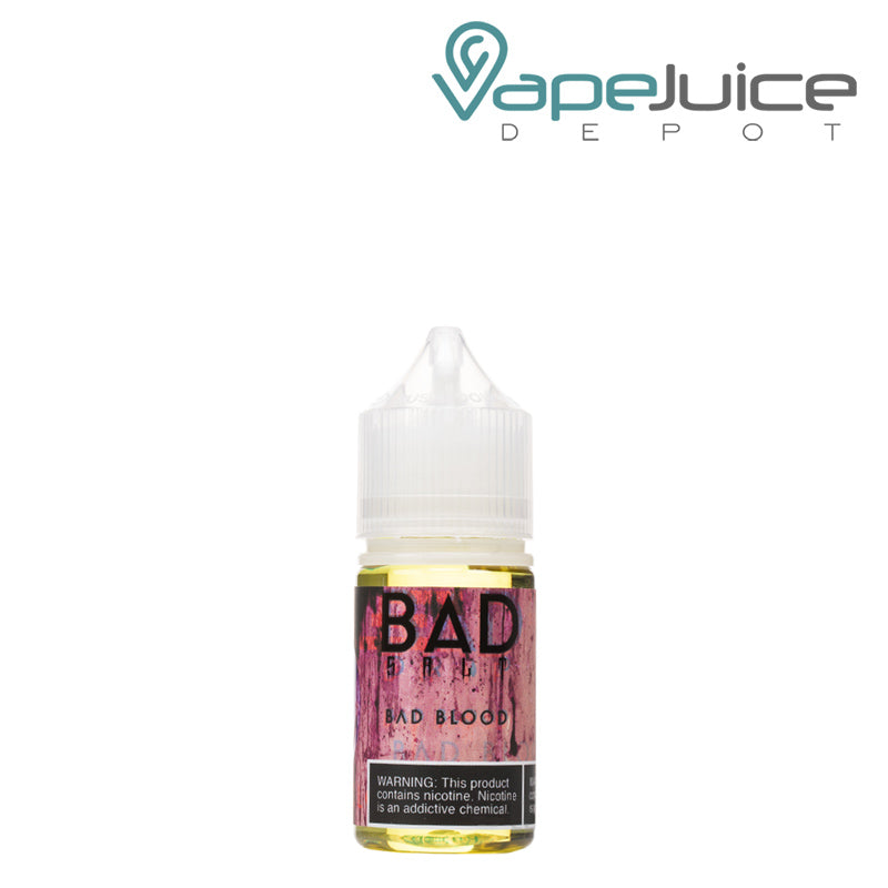 A 30ml bottle of Bad Blood Bad Drip Salts with a warning sign - Vape Juice Depot