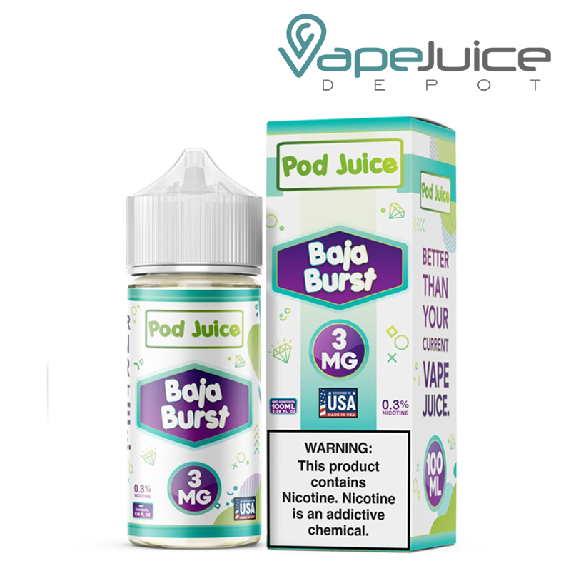 A 100ml bottle of Baja Burst Pod Juice TFN and a box with a warning sign next to it - Vape Juice Depot