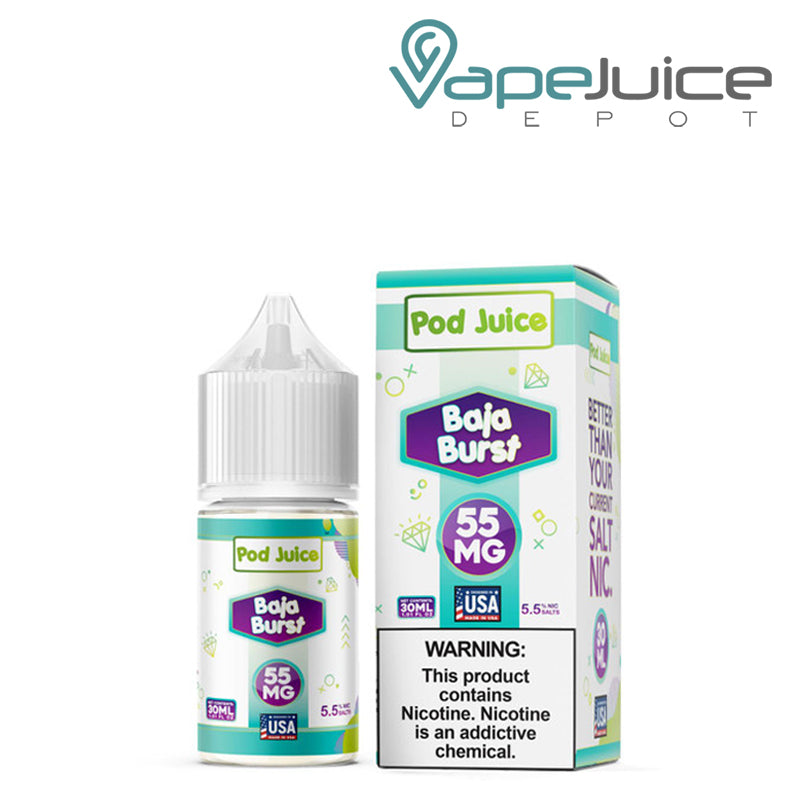 A 30ml bottle of Baja Burst Pod Juice TFN and a box with a warning sign next to it - Vape Juice Depot