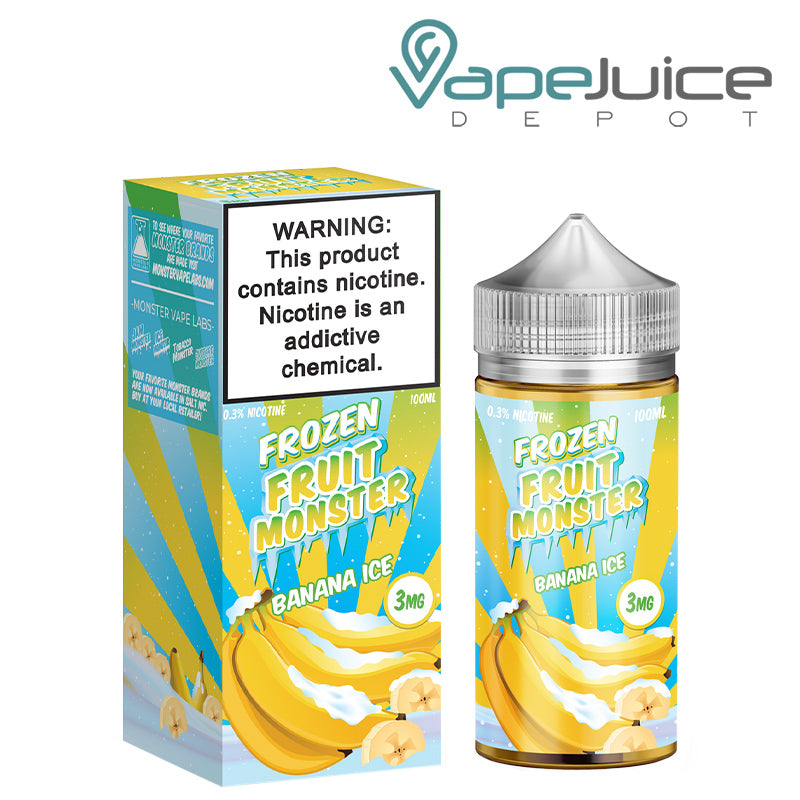 A box of Banana Ice Frozen Fruit Monster with a warning sign and a 100ml bottle next to it - Vape Juice Depot