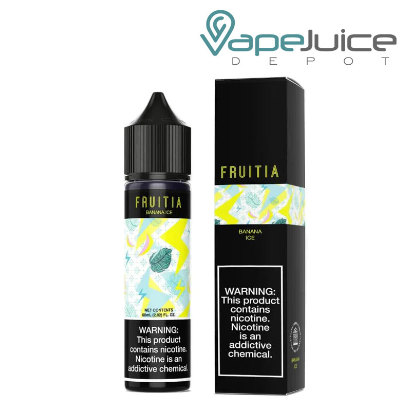 A 60ml bottle of Banana Ice Fruitia Fresh Farms with a warning sign and a box next to it - Vape Juice Depot