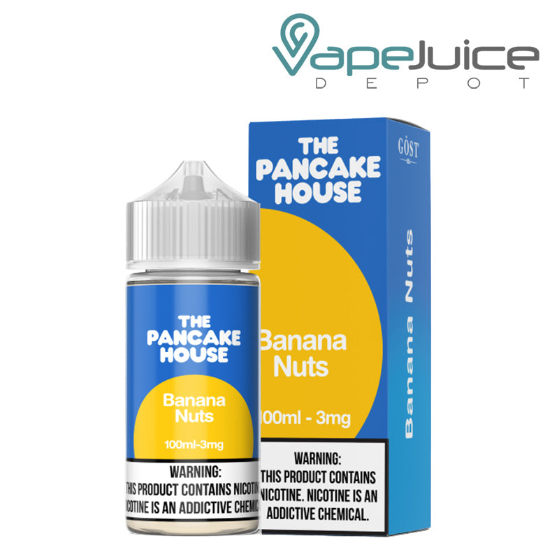 A 100ml bottle of Banana Nuts The Pancake House and a box with a warning sign next to it - Vape Juice Depot