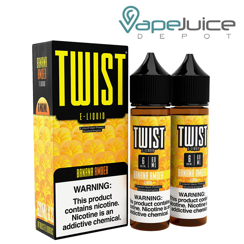 A box of Banana Amber Twist 6mg E-Liquid and two 60ml bottles with a warning sign next to it - Vape Juice Depot