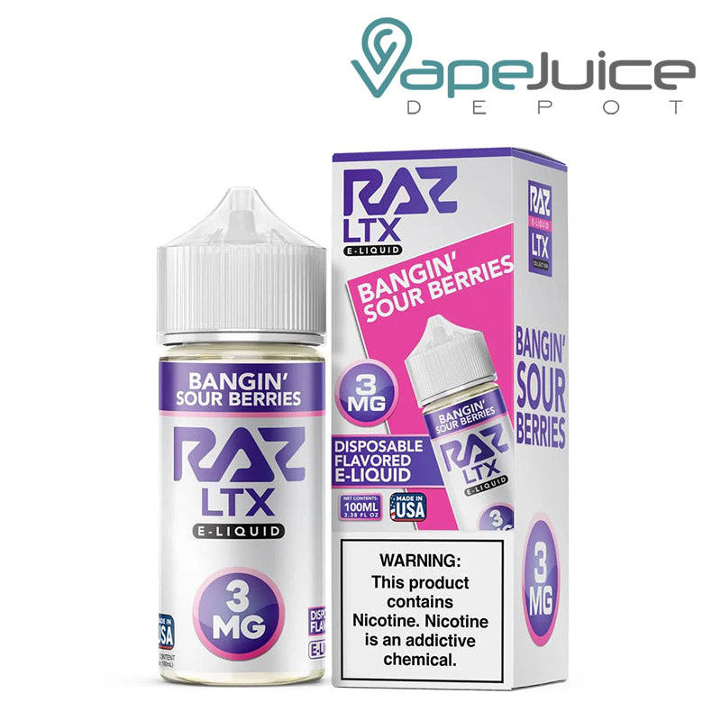 A box of Bangin Sour Berries Pod Juice x Raz LTX eLiquid with a warning sign and a 100ml bottle next to it - Vape Juice Depot