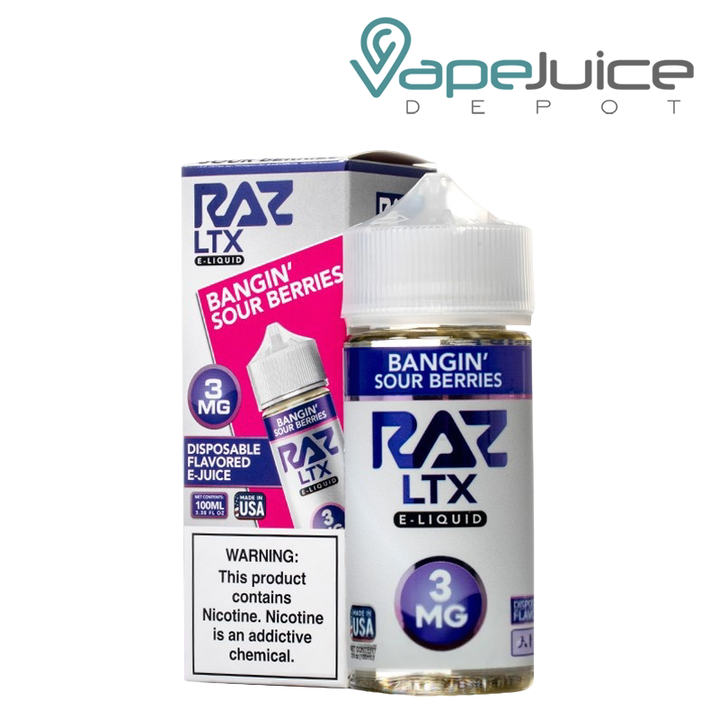 A box of Bangin Sour Berries Pod Juice x Raz LTX eLiquid with a warning sign and a 100ml bottle next to it - Vape Juice Depot