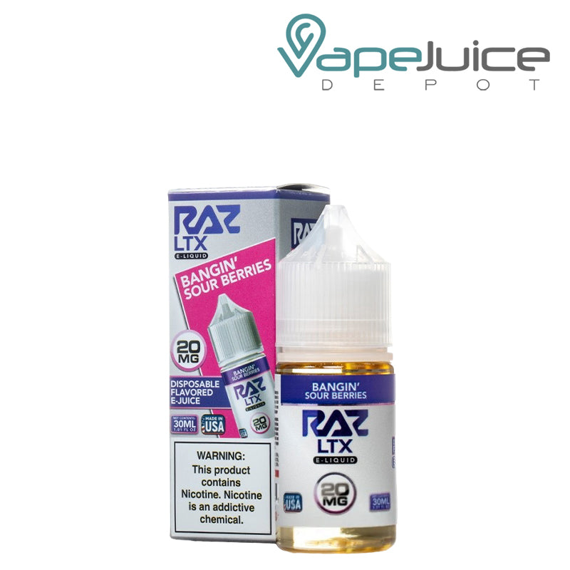 A box of Bangin Sour Berries Pod Juice x Raz LTX salt with a warning sign and a 30ml bottle next to it - Vape Juice Depot