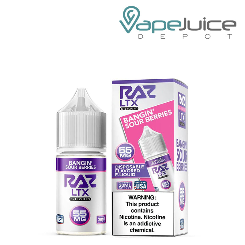 A box of Bangin Sour Berries Pod Juice x Raz LTX salt with a warning sign and a 30ml bottle next to it - Vape Juice Depot