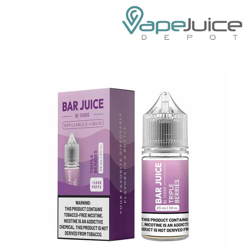 A box of Triple Berries Bar Juice Salt with a warning sign and a 30ml bottle next to it - Vape Juice Depot