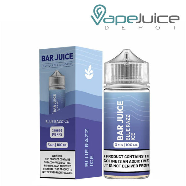 A box of Blue Razz Ice Bar Juice with a warning sign and a 100ml bottle next to it - Vape Juice Depot
