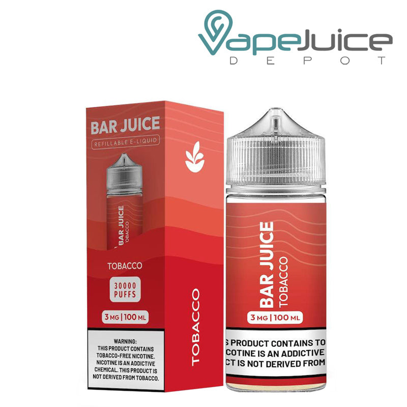 A box of Tobacco Bar Juice with a warning sign and a 100ml bottle next to it- Vape Juice Depot