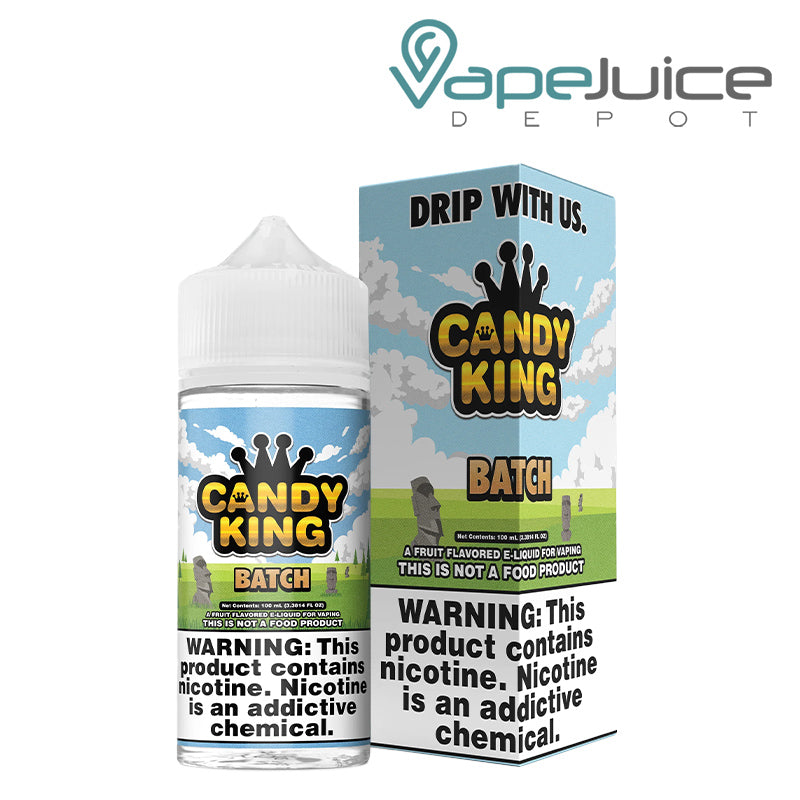 A 100ml bottle of Batch Candy King eLiquid and a box with a warning sign next to it - Vape Juice Depot