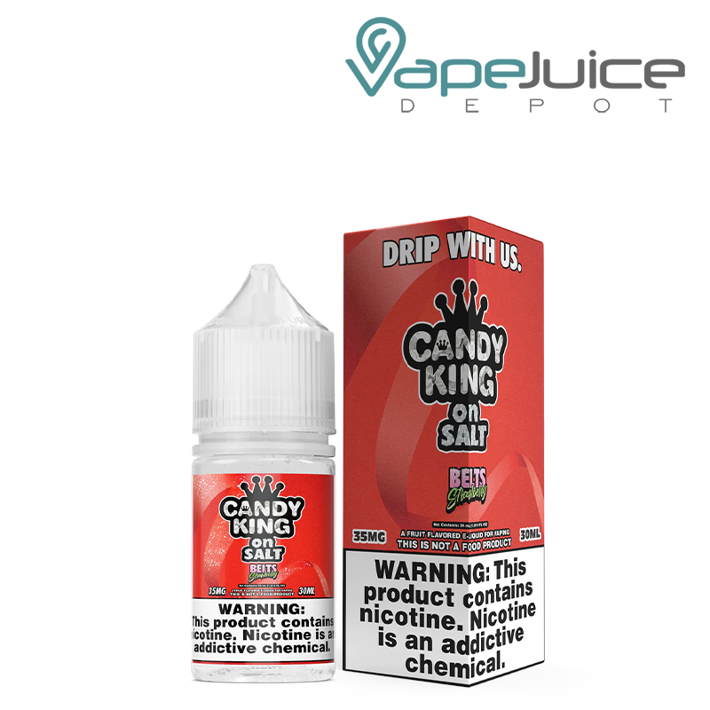 A 30ml bottle of Belts Strawberry Candy King On Salt and a box with a warning sign next to it - Vape Juice Depot