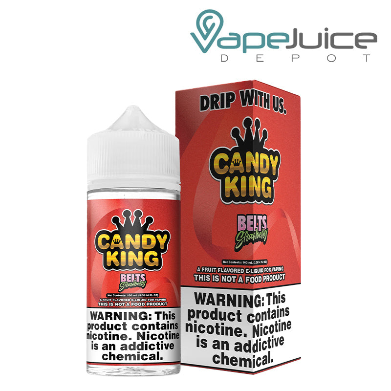 A 100ml bottle of Belts Strawberry Candy King eLiquid and a box with a warning sign next to it - Vape Juice Depot