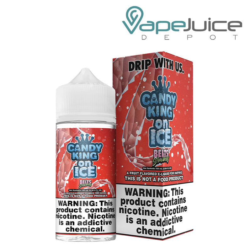 A 100ml bottle of Belts Strawberry On Ice Candy King and a box with a warning sign next to it - Vape Juice Depot