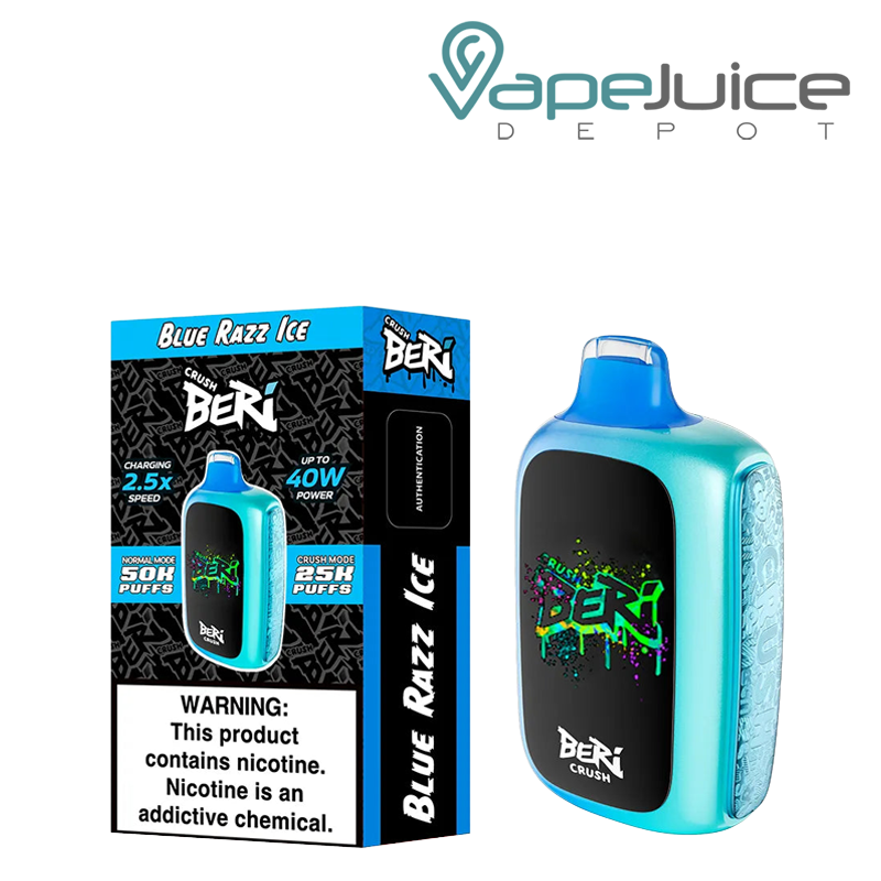 A Box of Blue Razz Ice Beri Crush 50K Disposable with a warning sign and a device with HD screen next to it - Vape Juice Depot