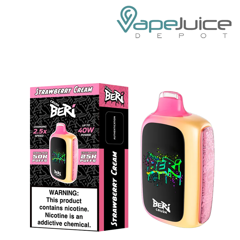 A Box of Strawberry Cream Beri Crush 50K Disposable with a warning sign and a device with HD screen next to it - Vape Juice Depot