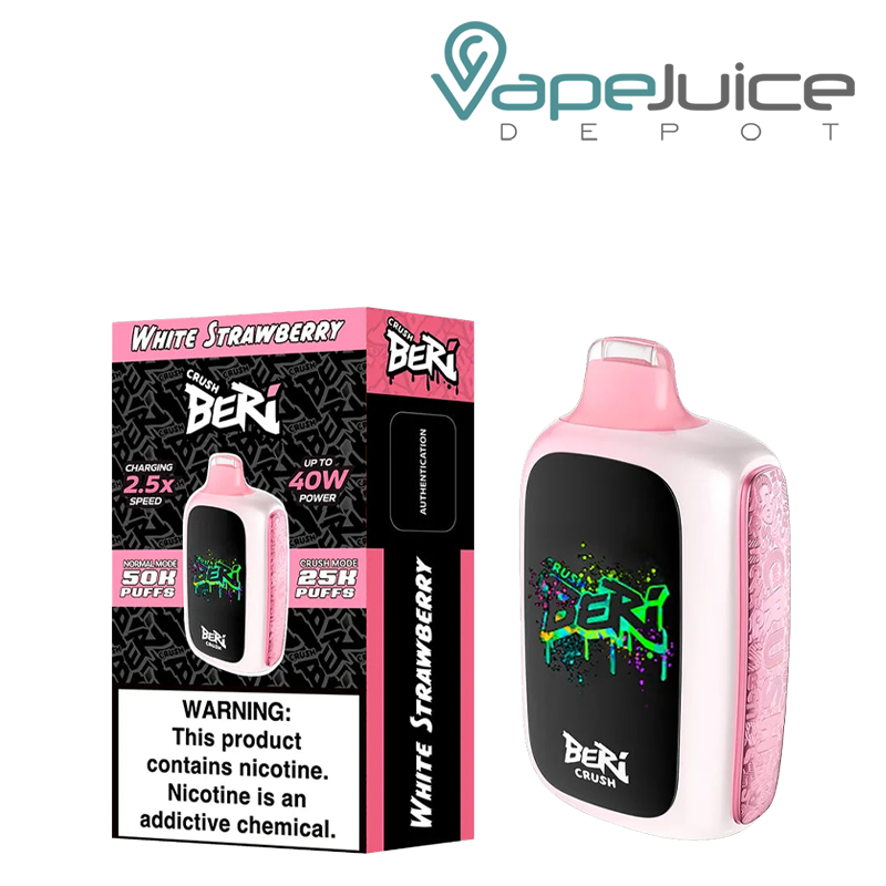 A Box of White Strawberry Beri Crush 50K Disposable with a warning sign and a device with HD screen next to it - Vape Juice Depot
