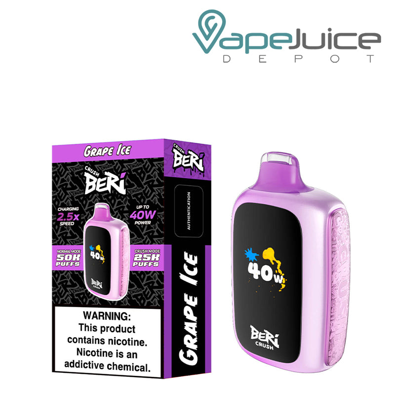 A Box of Grape Ice Beri Crush 50K Disposable with a warning sign and a device with HD screen next to it - Vape Juice Depot