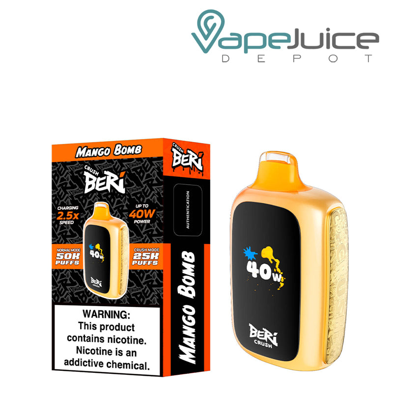 A Box of Mango Bomb Beri Crush 50K Disposable with a warning sign and a device with HD screen next to it - Vape Juice Depot