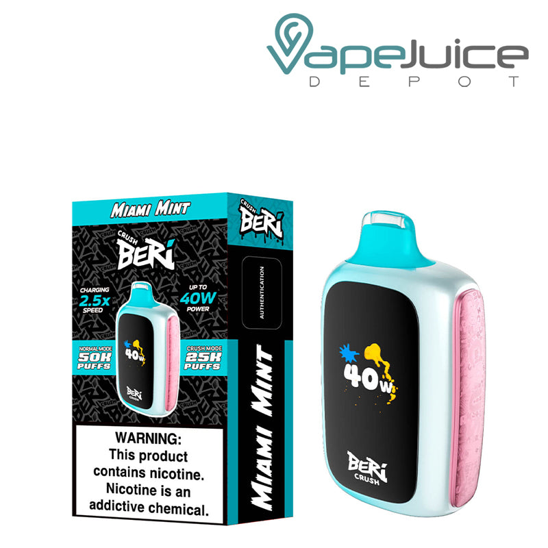 A Box of Miami Mint Beri Crush 50K Disposable with a warning sign and a device with HD screen next to it - Vape Juice Depot