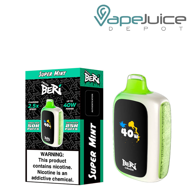 A Box of Super Mint Beri Crush 50K Disposable with a warning sign and a device with HD screen next to it - Vape Juice Depot