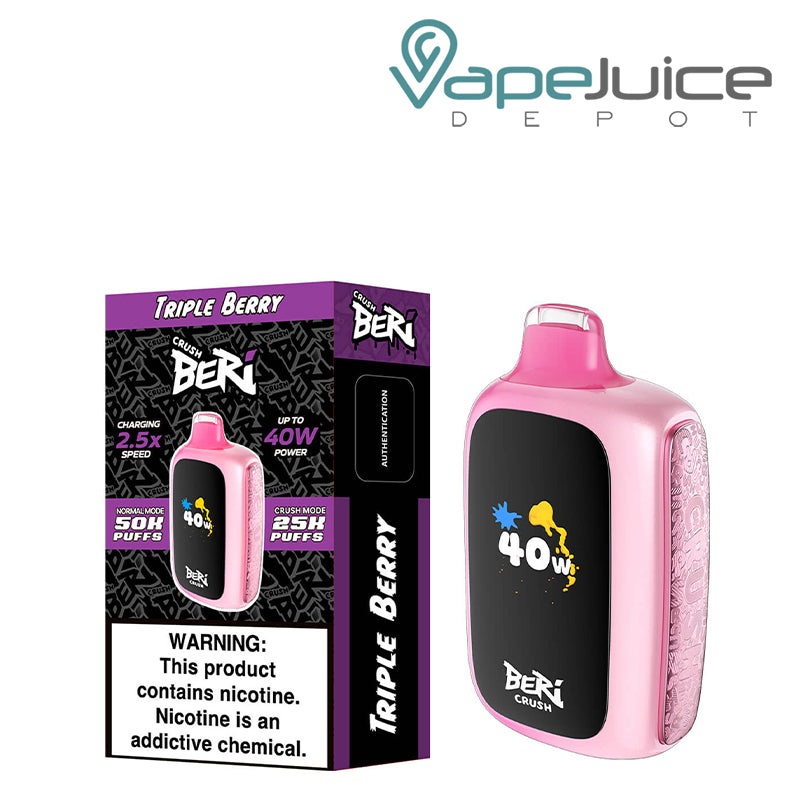 A Box of Triple Berry Beri Crush 50K Disposable with a warning sign and a device with HD screen next to it - Vape Juice Depot
