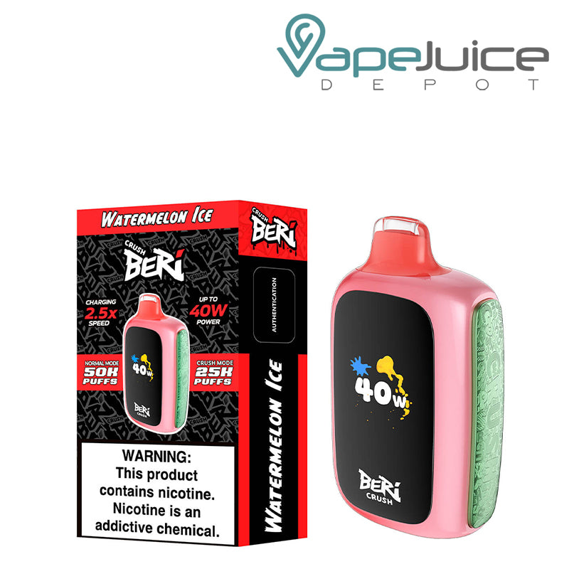 A Box of Watermelon Ice Beri Crush 50K Disposable with a warning sign and a device with HD screen next to it - Vape Juice Depot