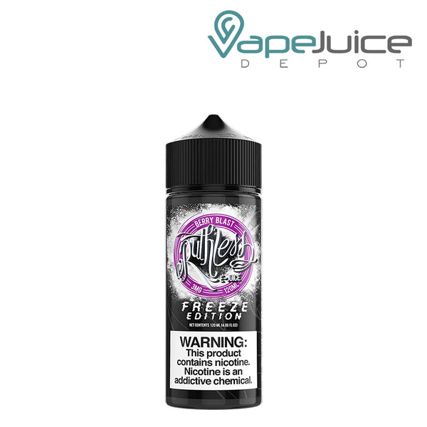 A 120ml bottle of Berry Blast Ruthless Freeze Edition with a warning sign - Vape Juice Depot