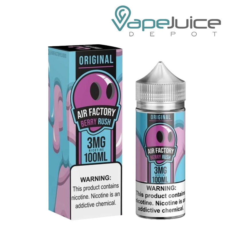 A box of Berry Rush Air Factory eLiquid with a warning sign and a 100ml bottle next to it - Vape Juice Depot