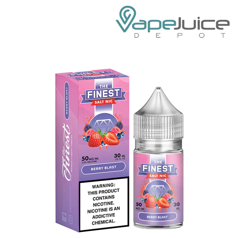 A box of Berry Blast Finest SaltNic Series with a warning sign and a 30ml bottle next to it - Vape Juice Depot