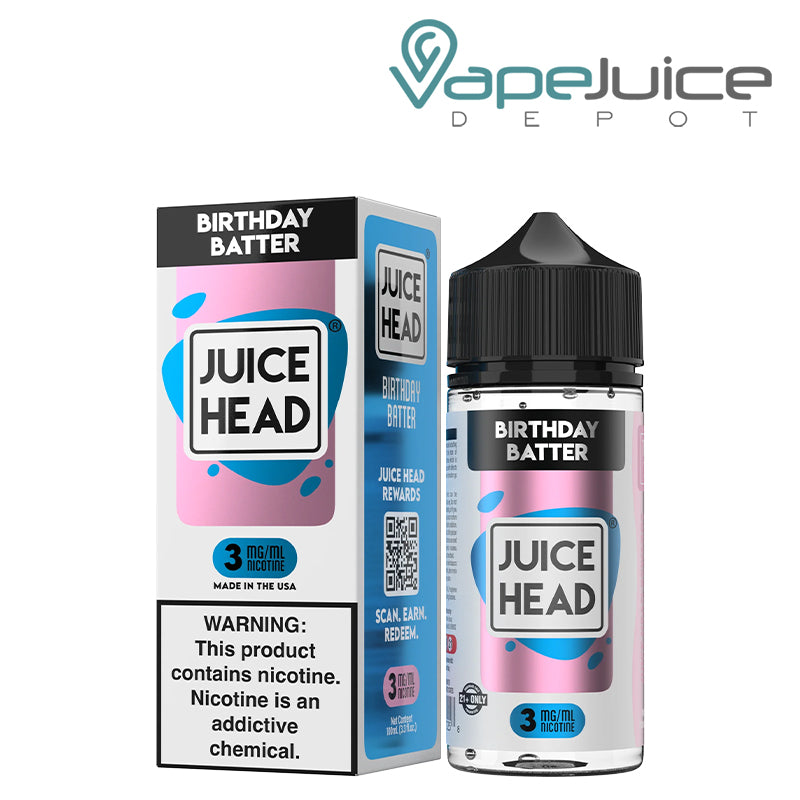 A Box of Birthday Batter ZTN Juice Head with a warning sign and a 100ml bottle next to it - Vape Juice Depot